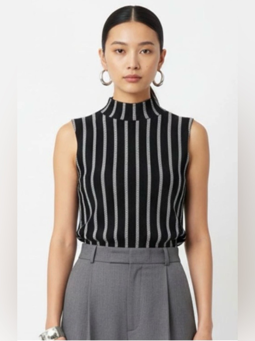 Anthropologie Moth Manchester Striped Mock Neck Sleeveless Knit Top SMALL PETITE